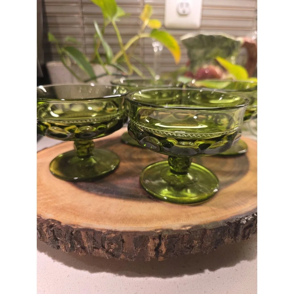 VTG Avocado Green Indiana Glass‎ Kings Crown Thumbprint Dessert Goblet Set Of 4